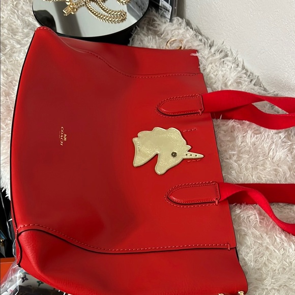 Coach Red Leather Derby Tote with Gold Accents - Picture 13 of 17